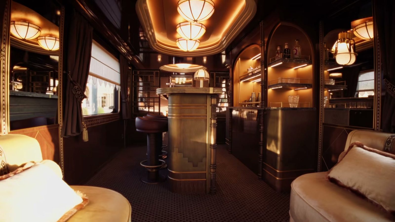The bar carriage of Dream of the Desert, brass and lamplight